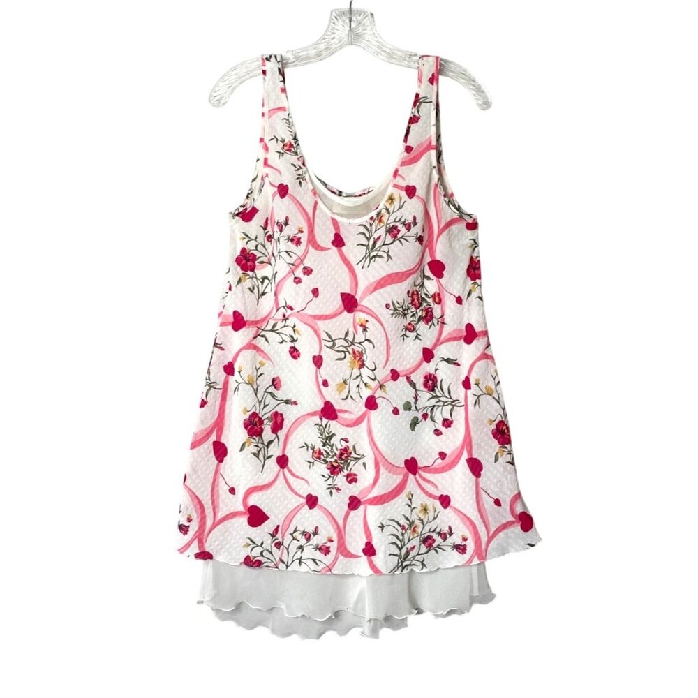 Vtg Victoria's Secret Sleeveless Floral & Heart Slip Dress Sheer Ruffle Hem Sz M